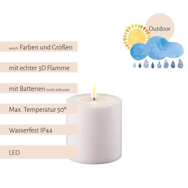 Deluxe Homeart, LED-Kerzen, real flame, Stumpfkerze, Stabkerze, Teelicht, von-mell.de, Weiß, Outdoor